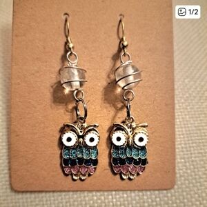 Gold and Multicolor Owl Earrings